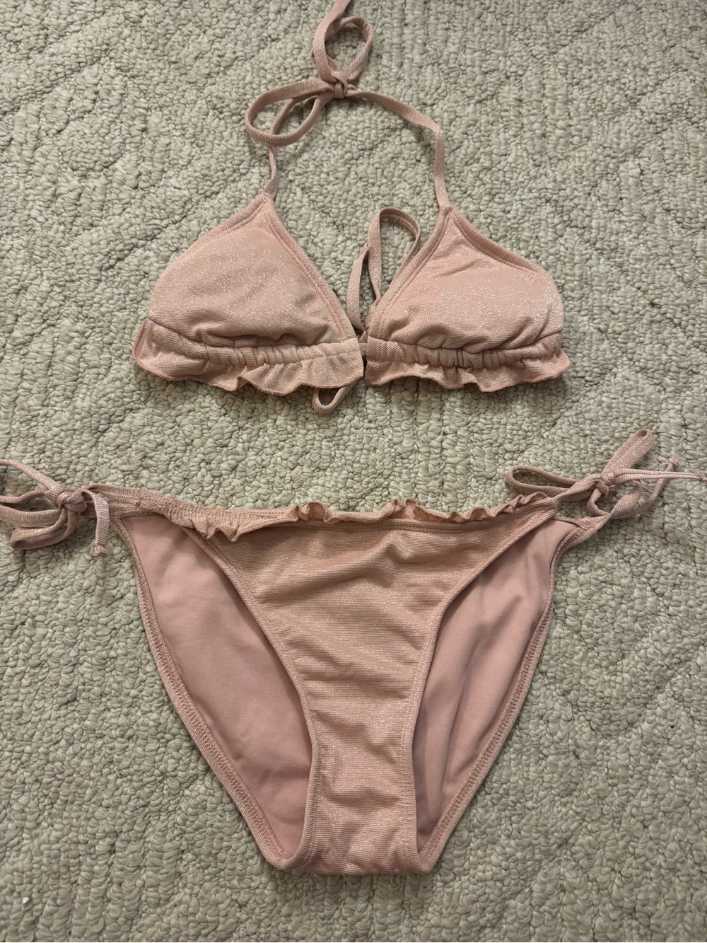 Target Pink Shimmer Ruffle Bandeau Bikini Top and Bottom